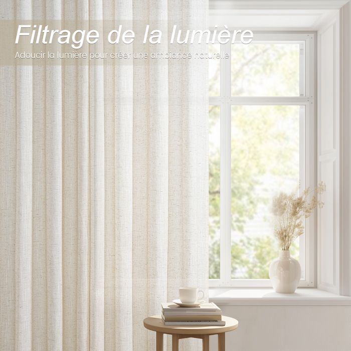 Topfinel Rideau Lin Avec Œillets Rideau Voilage Pour Salon Cuisine et Chambre à Coucher Rideau Courts Naturel 140x160cm Lot de 2