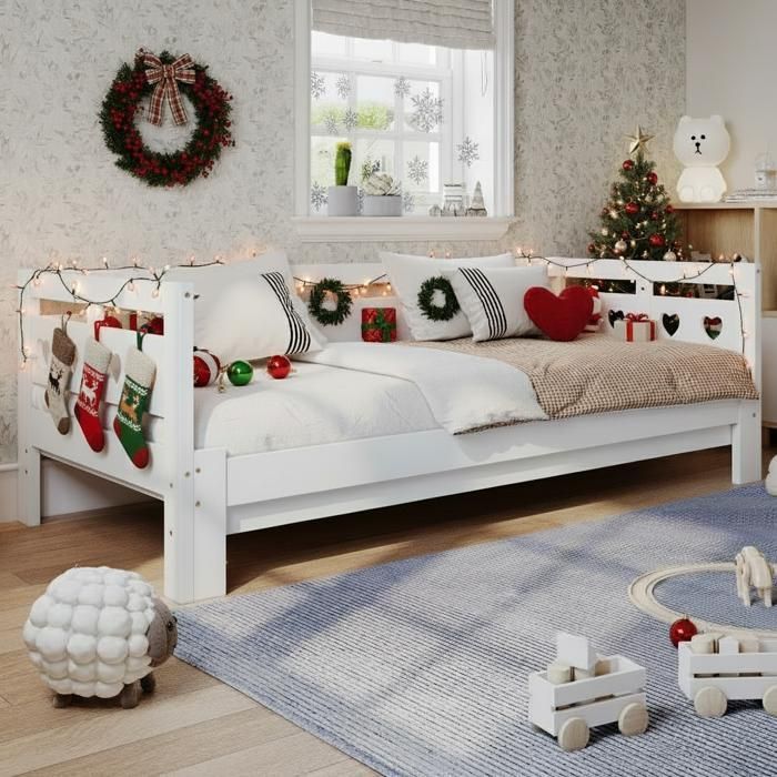 Lit adulte Lit de repos lit gigogne 90x190cm pin massif avec 2ème lit et cadre enroulable lit coeur blanc