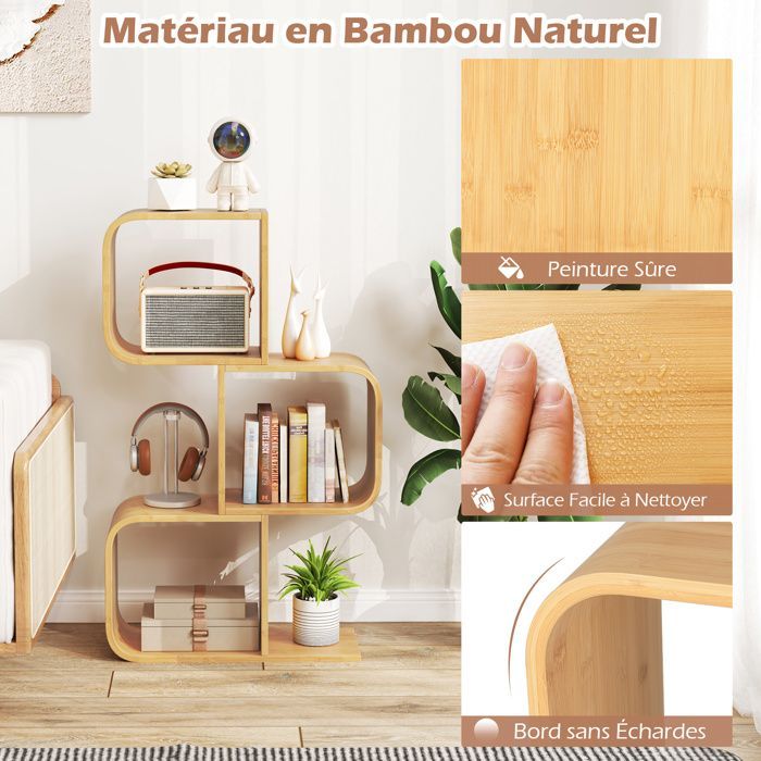Estantería en forma de 'S' de 3 niveles de COSTWAY, 3 cubos abiertos, estante de almacenamiento de bambú para el suelo del salón u oficina, color natural.