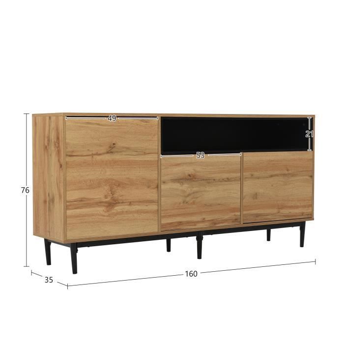 Aparador de estilo industrial, armario de pasillo de 3 puertas, mueble de cocina con estante, 160x35x76cm, madera natural rústica.