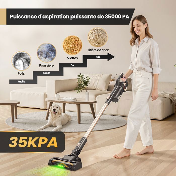 Aspirapolvere senza fili LAMZIEN V9PRO - 35 kPa - Autonomia 40 minuti - Leggero - Spazzola anti-groviglio - Luce LED verde
