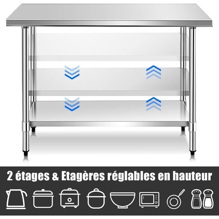 COSTWAY Table de Travail Cuisine en Acier Inoxydable avec 2 Etagère 122x61x90CM Plan de Travail Charge 150KG Argent Hauteur Réglable
