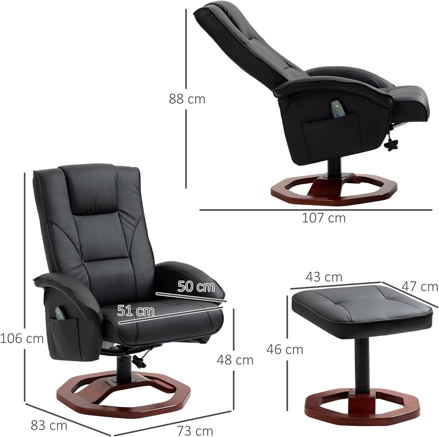 HOMCOM Massagesessel mit Fußstütze, Ruhefunktion, verstellbarer Rückenlehne mit Massagefunktion, 360° drehbar, Kunstleder, Stahl, Schwarz/Braun, 73 x 83 x 106 cm
