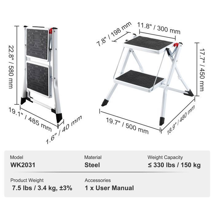 Escabeau - DUOKU - WK2031 - Capacité 150 kg - Pliable - Large Pédale Antidérapante