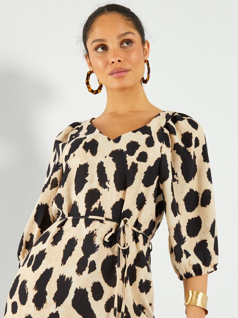 Jurk met pofmouwen en stippenprint - BRUIN
