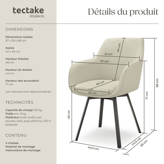 Chairs - TECTAKE - Set of 4 ALICON upholstered swivel chairs with armrests and continuous backrest - Grey/Beige