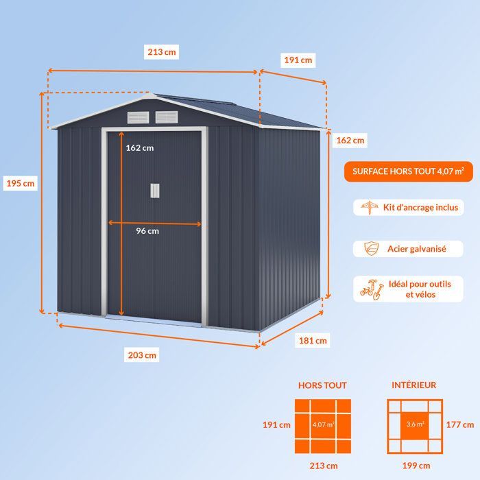 Caseta de jardín metálica de 4,07 m² - 213 x 191 x 195 cm - MARS - Kit de anclaje incluido, 2 puertas correderas - Gris