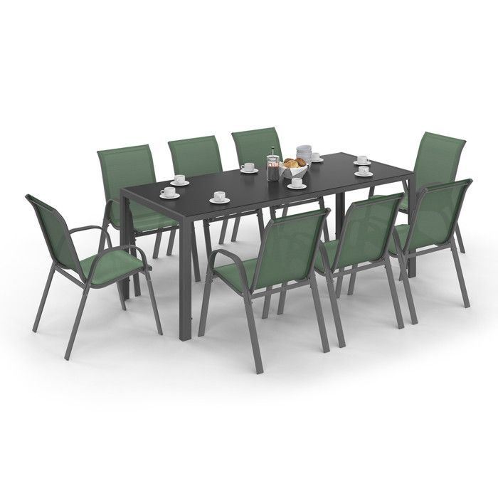 IDMARKET Salon de jardin MADRID table 190 cm et 8 chaises empilables vert olive