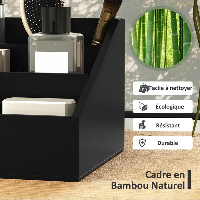 Organizador de escritorio - HOMCOM - Caja de almacenamiento de 7 compartimentos con 2 cajones - Bambú - Negro