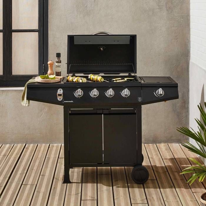 Barbecue a gas Treville - 4 bruciatori, incluso 1 bruciatore laterale nero, con termometro