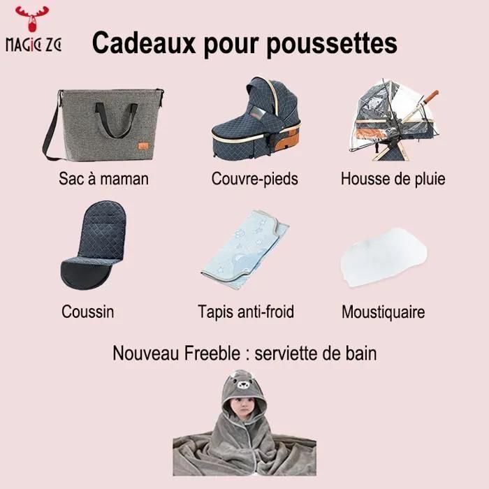 Poussette 3 en 1 MagicZC pour nouveau-né, pliable et inclinable, avec siège auto, cadeau surprise, 0-3 ans, noir et doré