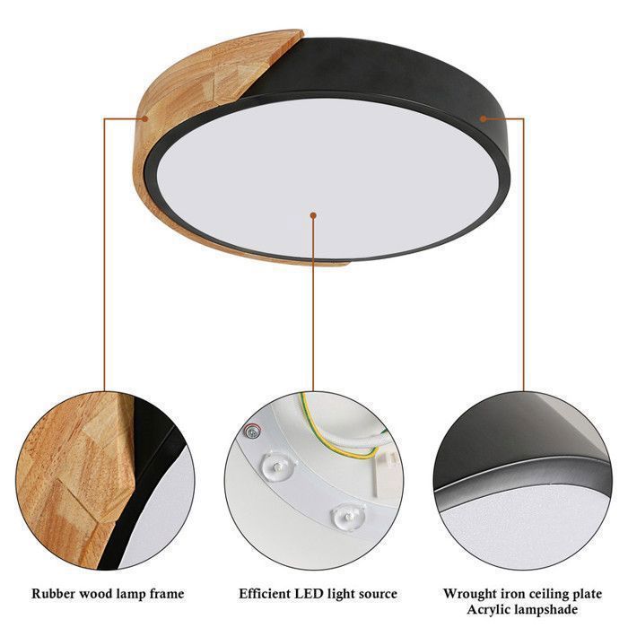 DELIPOP Plafonnier LED moderne 24W 6500K Noir Lampe de Plafond bois Rond chambre salle à manger cuisine - Lumière blanche - Dia