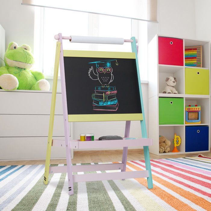 Caballete infantil dos en uno Relaxdays, 90 x 56 x 42 cm, rollo de papel, tiza, dibujo, dimensiones, multicolor