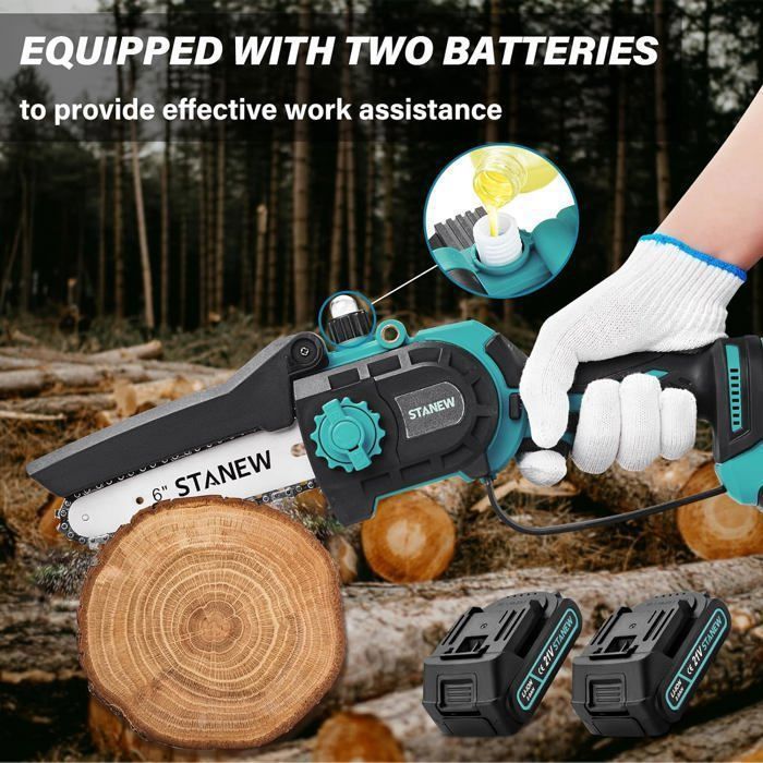 Motosierra inalámbrica mini STANAW de 6 u 8 pulgadas, sin escobillas, 600 W, 2 baterías de 2 Ah, motor sin escobillas