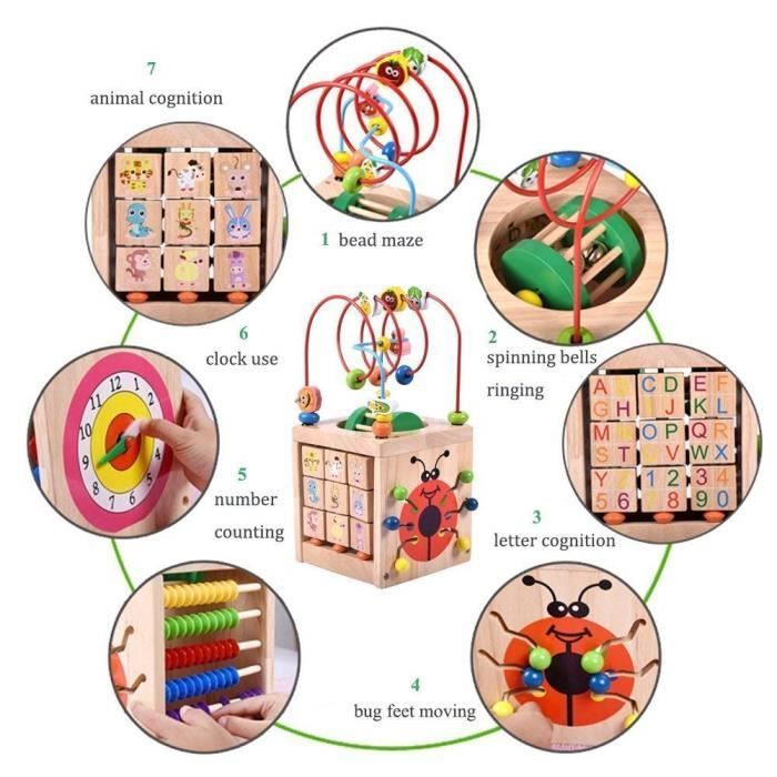 Cubo attività labirinto di perline 7 in 1 Set di giocattoli in legno per bambini e neonati, include 7 giochi in 1 set