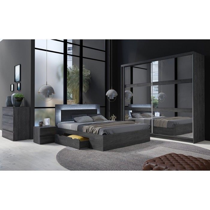 VELTIS Complete Slaapkamer Set – 160x200 LED-bed met lattenbodem + Kledingkast + Commode + Nachtkastjes – Zwart Essen