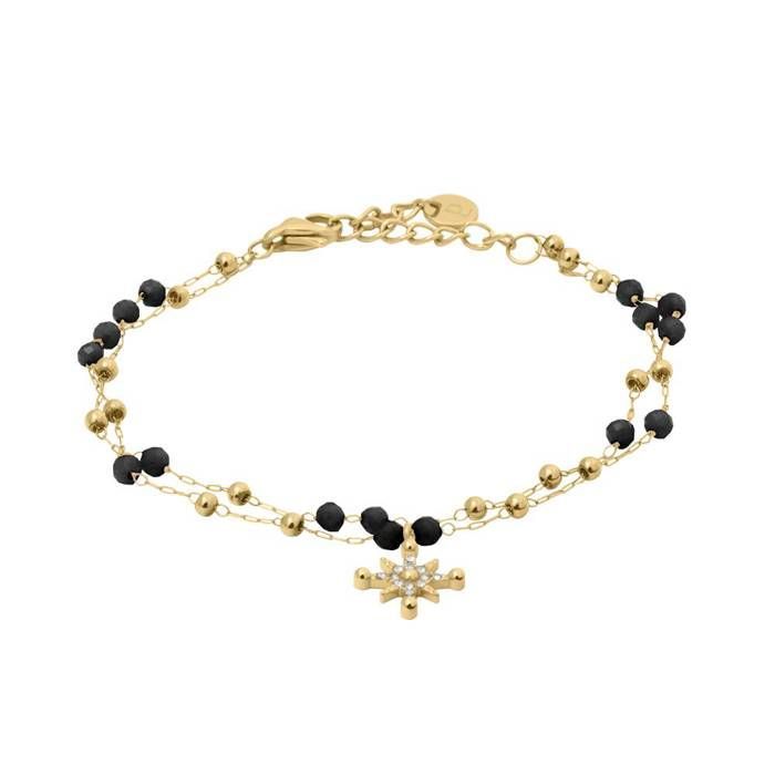 AUSTRALE Women's Chain Bracelet, Gold-Plated Steel, Black Beads, Lobster Clasp and Black