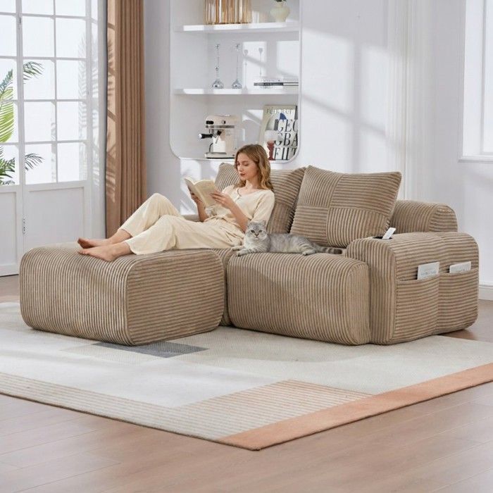 Modulaire 2-zitsbank - LANGTU - Modulaire 2-zitsbank - Corduroy - Voetensteun en bekerhouder - Khaki