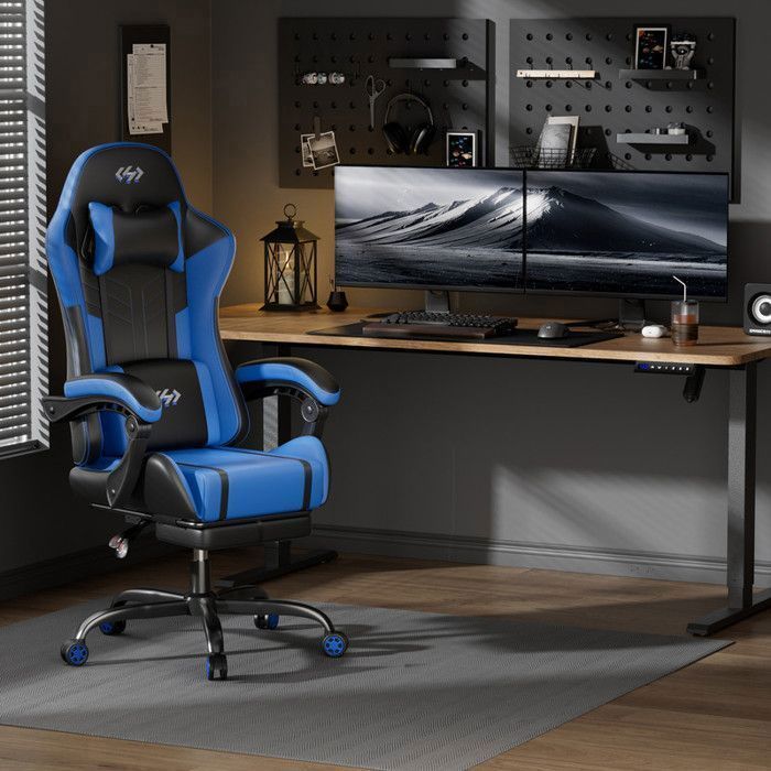 ECOFURNIX Massagestoel voor op kantoor, verstelbare gamingstoel met lendensteunmassagekussen en voetensteun, zwart en blauw