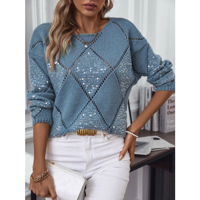 Jersey de cuello redondo para mujer, colección otoño-invierno 2025, diseño calado con lentejuelas, elegante punto de rombos - Azul