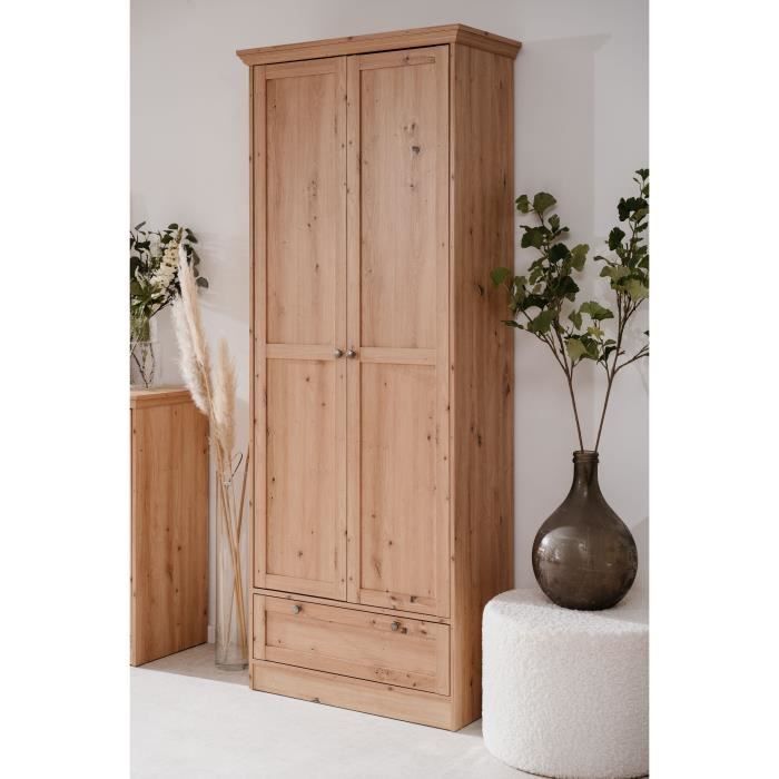 Armario - Landwood - Acabado en roble artesanal - 2 puertas - 1 cajón - 80 x 39 x 200 cm (ancho x profundidad x alto)