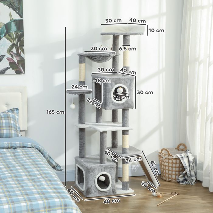 Arbre à chat - tour de jeux pour chats - PawHut - griffoir et poteaux en sisal,  2 niches, plateformes - hauteur 165 cm - gris