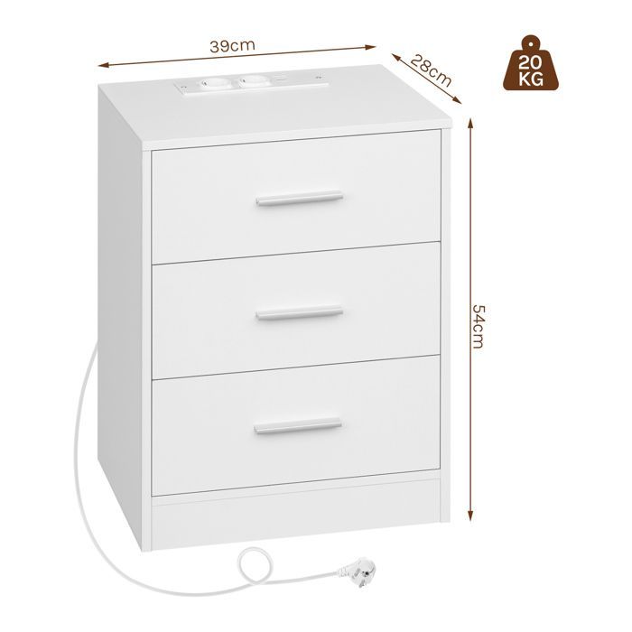 Mesa de cabeceira branca com tomada integrada - Mesa lateral WOLTU - 2 tomadas CA, 1 porta USB, 1 porta Tipo C