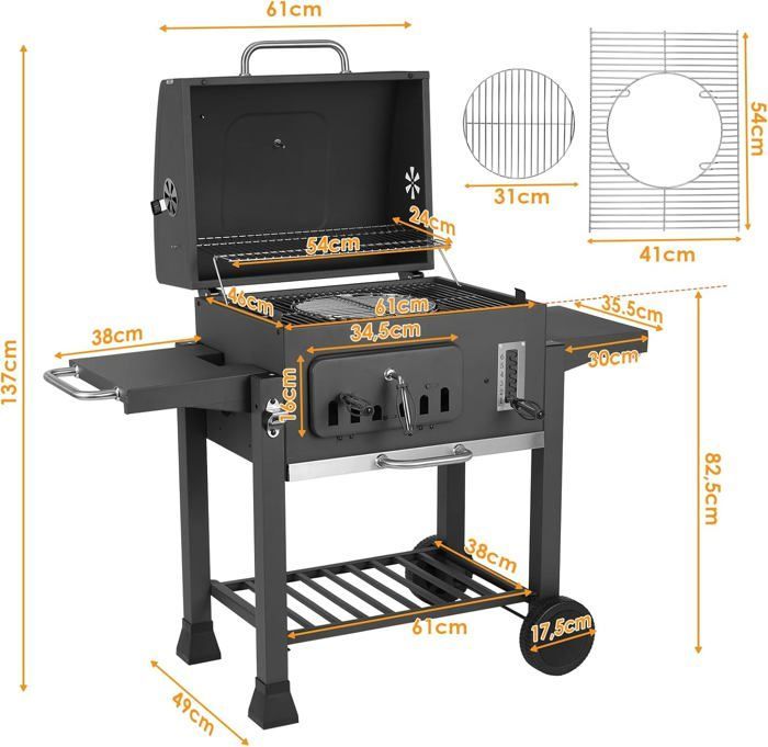 Grote houtskoolbarbecue met deksel, grillrooster, wielen en thermometer, handvat, rookbarbecue, 130 x 137 x 49 cm, grijs