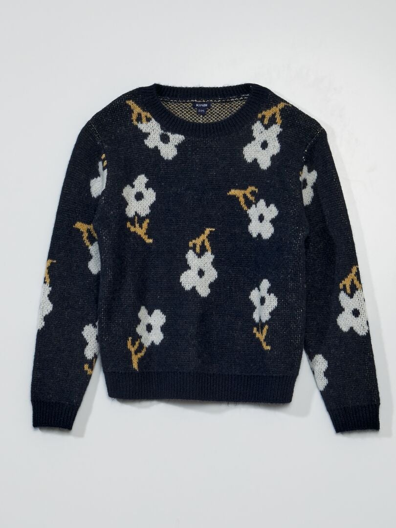 Sweter z dzianiny w kwiaty - NIEBIESKI