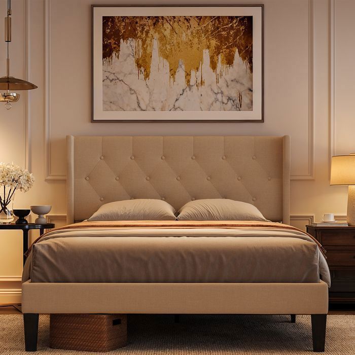 Struttura letto Bealife - 140 x 200 cm - Letto imbottito - Doghe in legno a fuso - Letto singolo - Vano contenitore da 20 cm - Beige