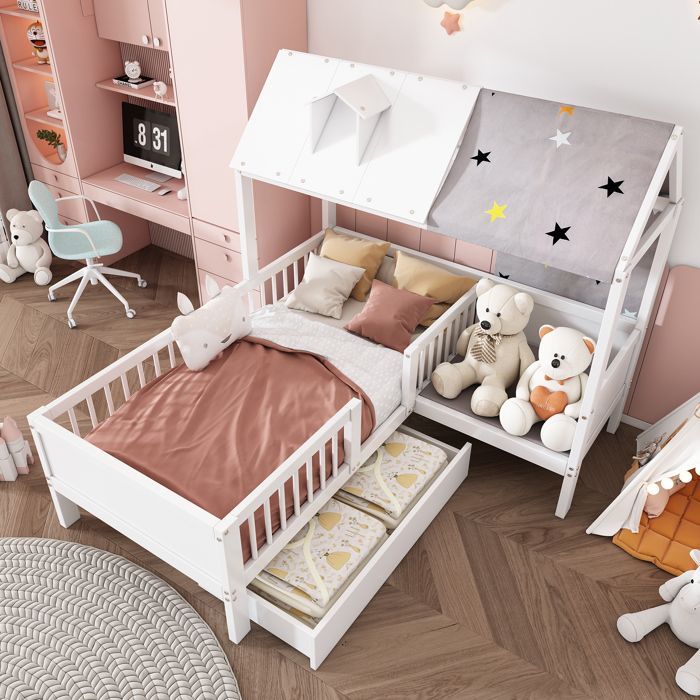 Cuna individual multifuncional LINKHOO, con lona tipo tienda de campaña y almohadas, cajones en la parte inferior, colchón no incluido, 90 x 200 cm, blanca.