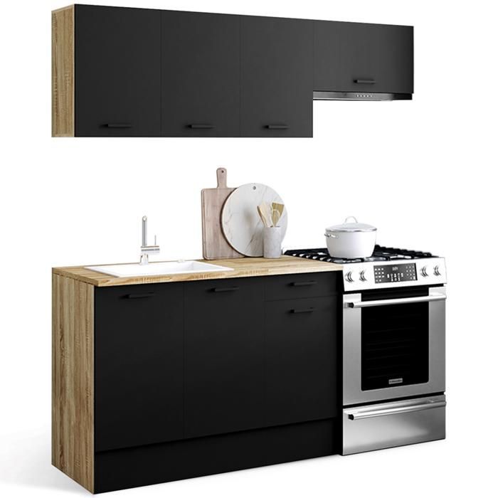 IDMARKET 180cm SUBTIL Complete Keuken met 5-delig werkblad van hout en zwart