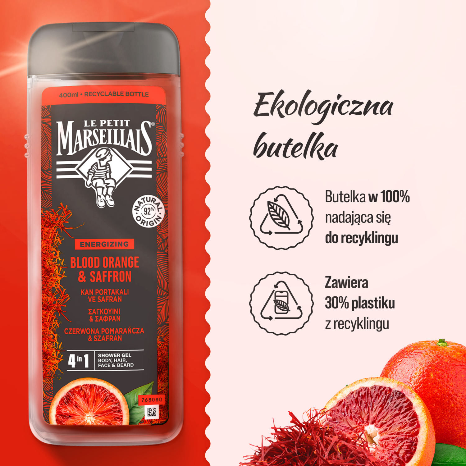 Le Petit Marseillais shower gel til mænd 400ml Blood Orange and Safran