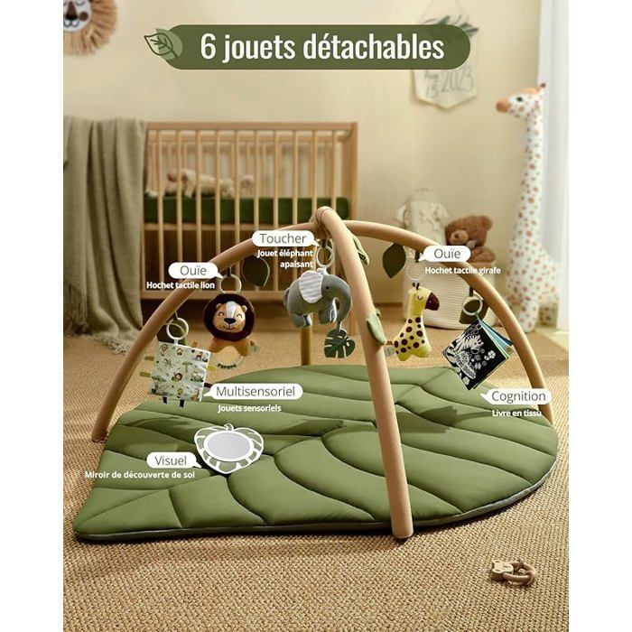 Baby Play Mat with Removable Arch, Leaf Shape, Baby Activity Mat with 6 Toys - Green Development F CHILDREN'S PLAY MAT