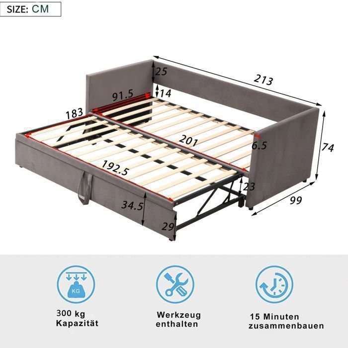 90x200cm Extendable bed frame in grey velvet with slatted base, extends up to 180x200cm, sofa bed, without mattress