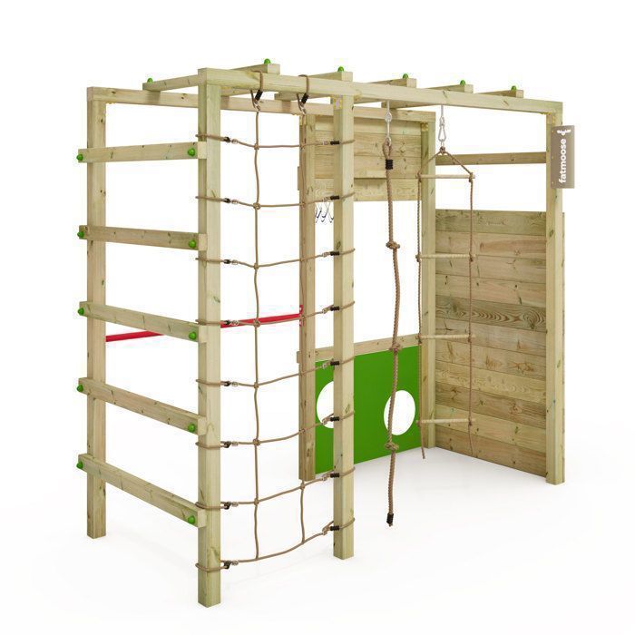 Aire de jeux bois FATMOOSE CleverClimber Club XXL avec mur d’escalade et panier de basket - vert pomme – 10 ans de garantie*