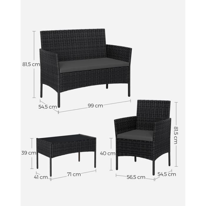 Conjunto de mesa y sillas de jardín SONGMICS - Negro y gris - Superficie tejida de PE - 4 piezas