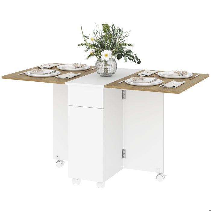 Mesa de comedor plegable para 2-6 personas, mesa de cocina con ruedas, 2 cajones y 2 armarios, 140x76x74cm, blanca
