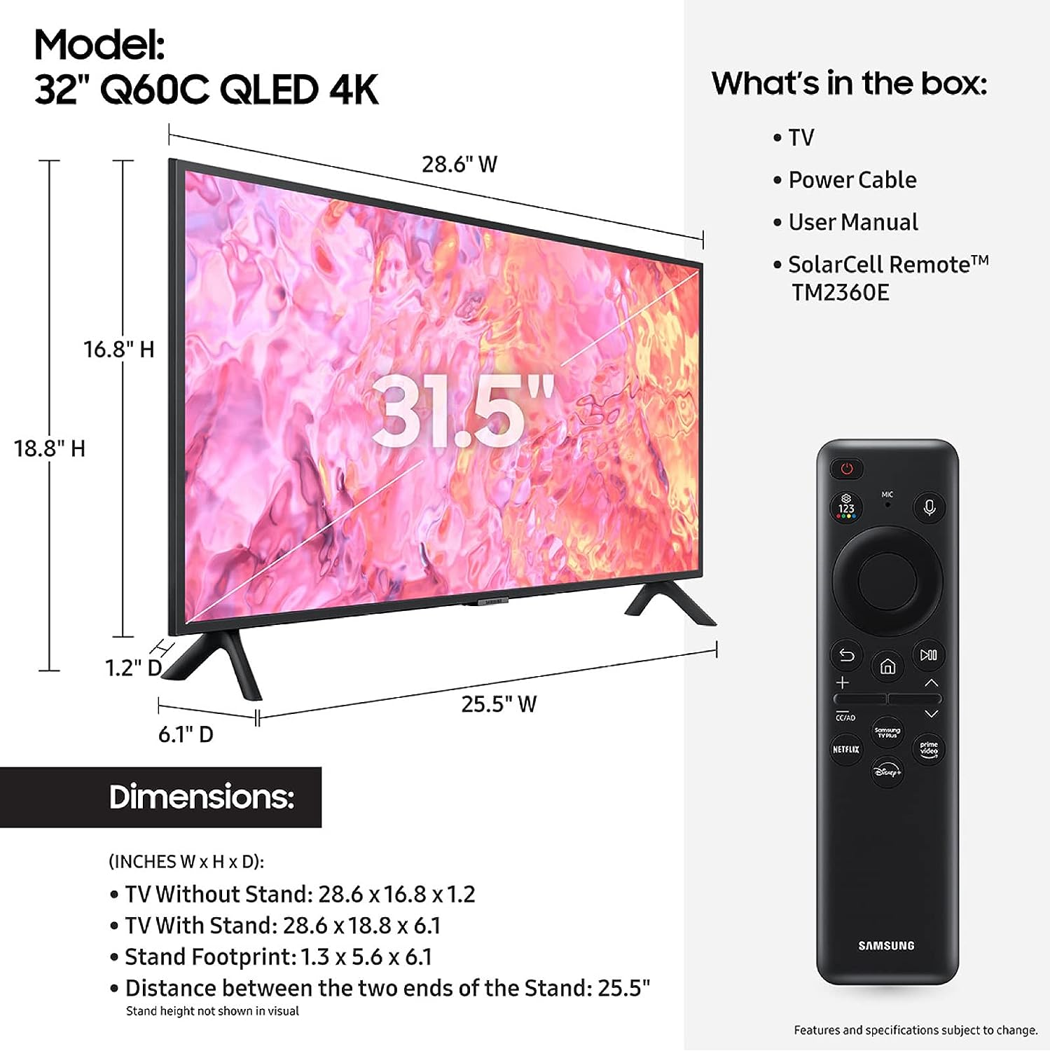 SAMSUNG 32-Zoll QLED 4K Q60C Serie Quantum HDR, Dual LED, Objektverfolgung, Sound Lite, Q-Symphony, Motion Xcelerator, Gaming Hub, Smart TV mit integrierter Alexa (QN32Q60C, Modell 2023), Titangrau