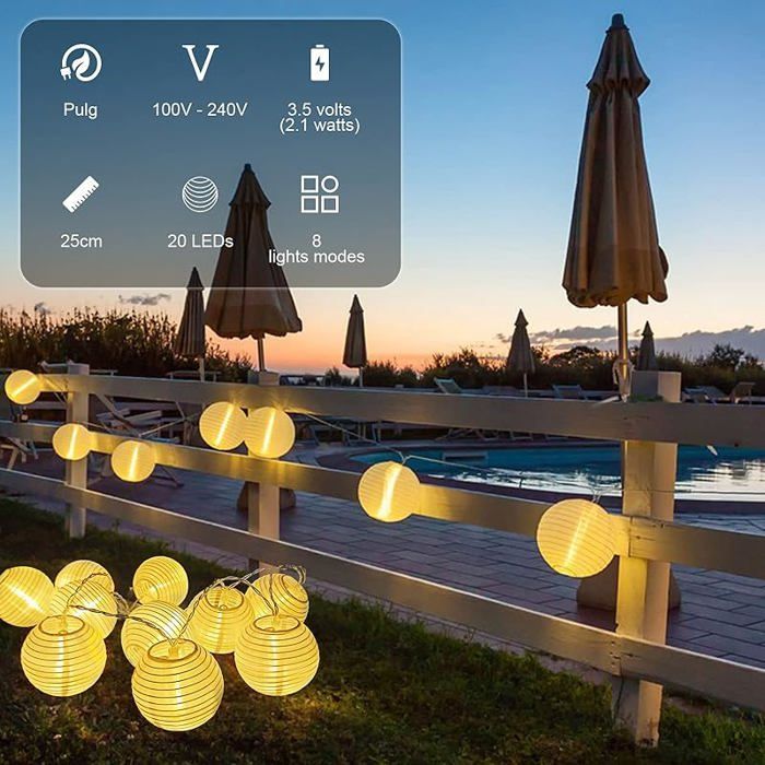 Bigzom Outdoor LED Lantern String Lights with Timer, 5m 20 LEDs, 8 Modes OUTDOOR STRING LIGHTS