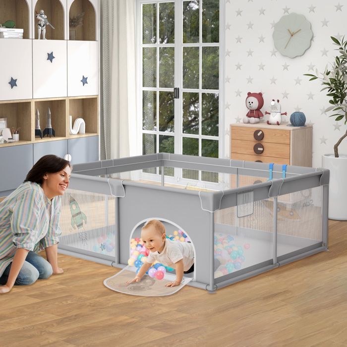 Parque infantil con temática espacial, malla transpirable y cremallera (gris, 150 x 180 x 68 cm)