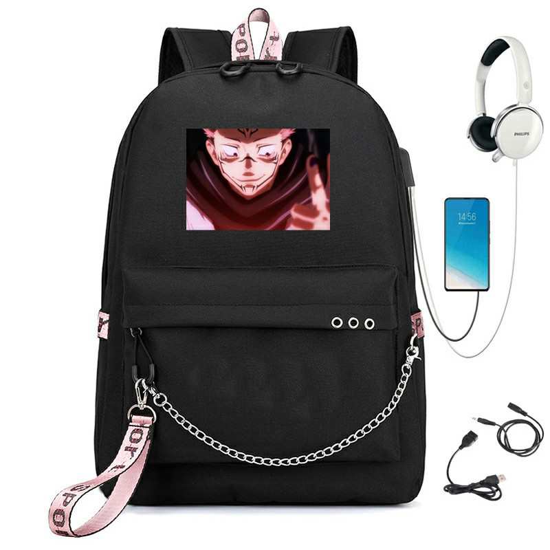 Sac à dos style dessin animé/anime avec port USB, grand sac à dos de voyage pour femme, sac d'école avec chaîne pour femmes et hommes, sacs d'école pour adolescents