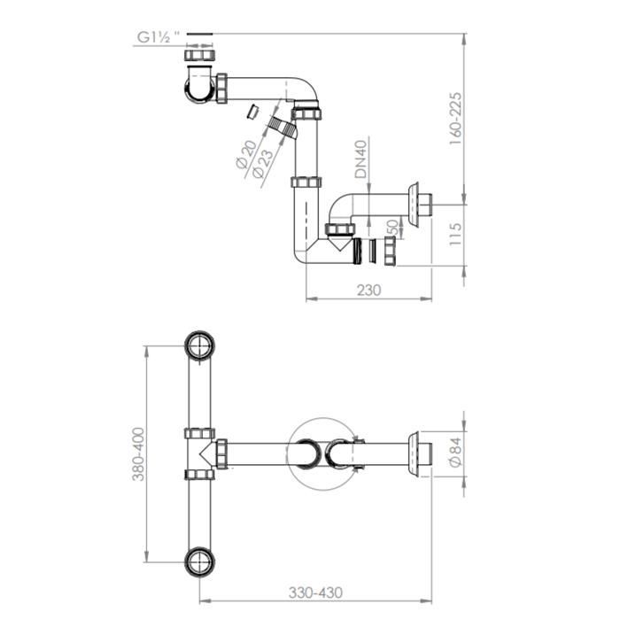 Platzsparender Siphon für eine Doppelspüle