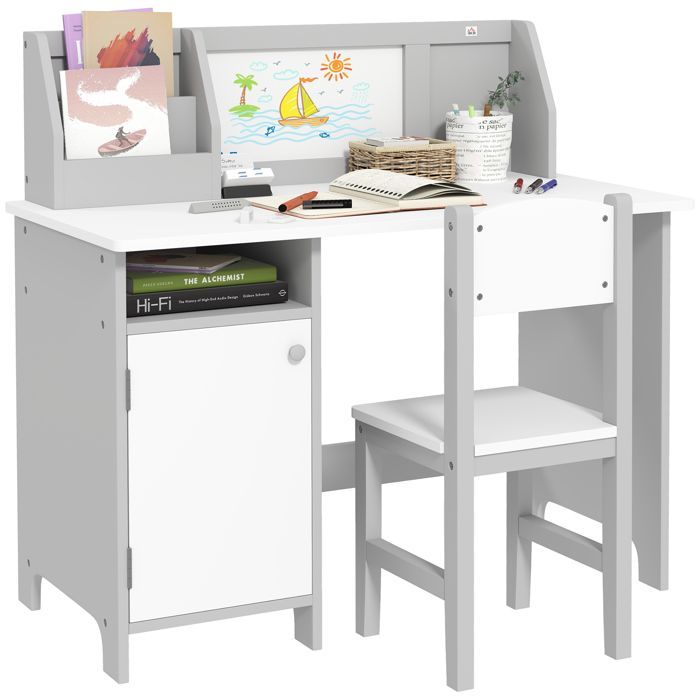 Children's table and chair set - HOMCOM - with whiteboard - desk for children 5+ years old 90L x 45W x 85H cm Grey