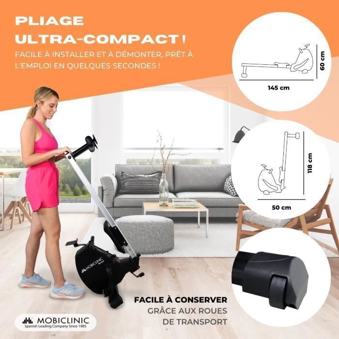Máquina de remo magnética Mobiclinic para uso doméstico, volante de inercia de 6 kg, 8 niveles de resistencia, capacidad de 120 kg, color negro RowFit.