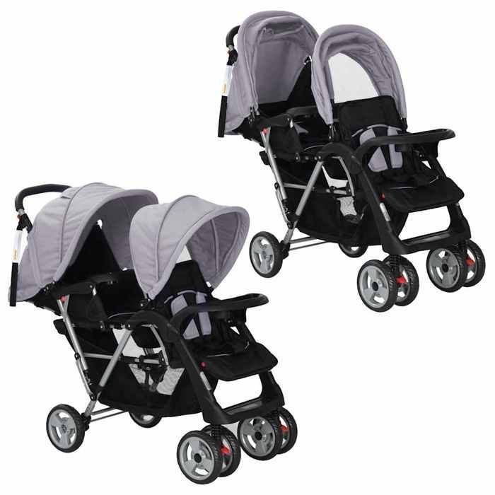 Poussette double VIDAXL en acier gris et noir avec auvents pliants et grand panier