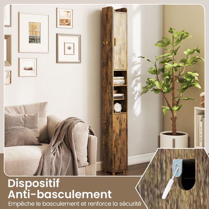 GIANTEX Narrow Bathroom Column - Adjustable Shelves - 2 Open Compartments - 2 Doors - Towel Rail - 20x20x179cm - Cafe
