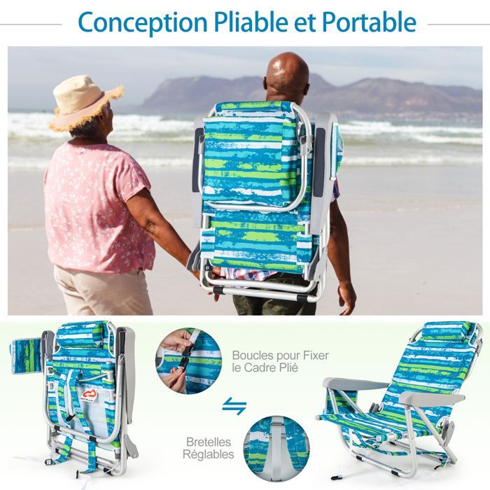 Juego de 2 sillas plegables de camping COSTWAY, 5 posiciones ajustables, reposacabezas, bolsillos laterales, soporte para toalla, correas, color verde.