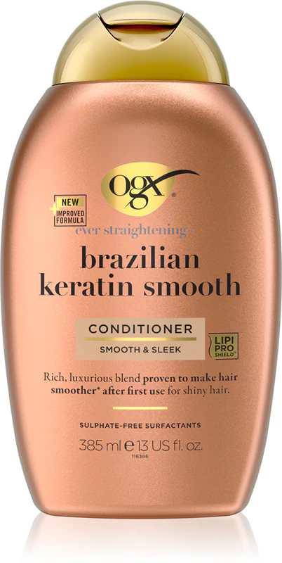 OGX Brazilian Keratin Smooth, condicionador alisador para cabelos brilhantes e macios.