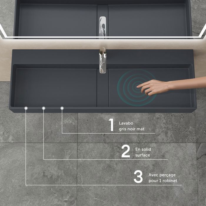 Lavabo de encimera doporro, gris mate/negro, lavabo de baño mural de 120 cm, lavabo rectangular con tapa de desagüe, Colossum6028